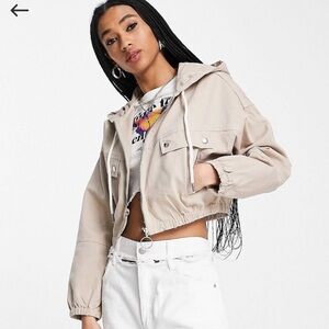 Topshop cropped hooded zip up jacket in sand